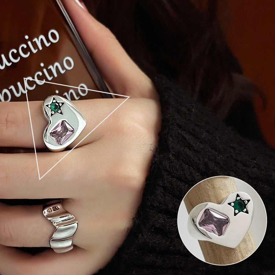 Palace Style S925 Silver geometric ring Female retro fashion colorful drop glaze opening ring Literary index finger ring
