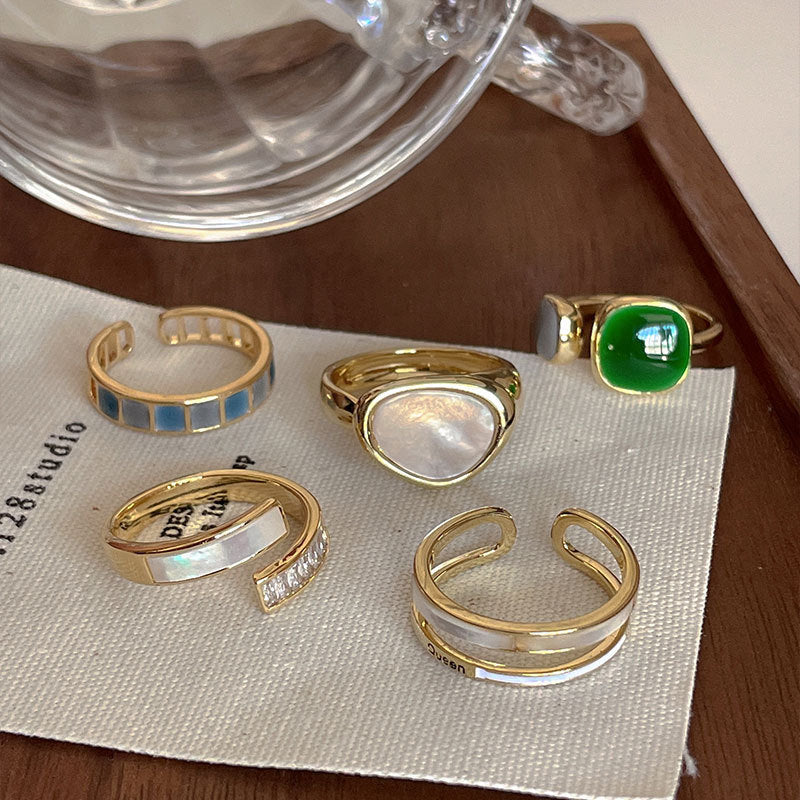 Palace Style S925 Silver geometric ring Female retro fashion colorful drop glaze opening ring Literary index finger ring