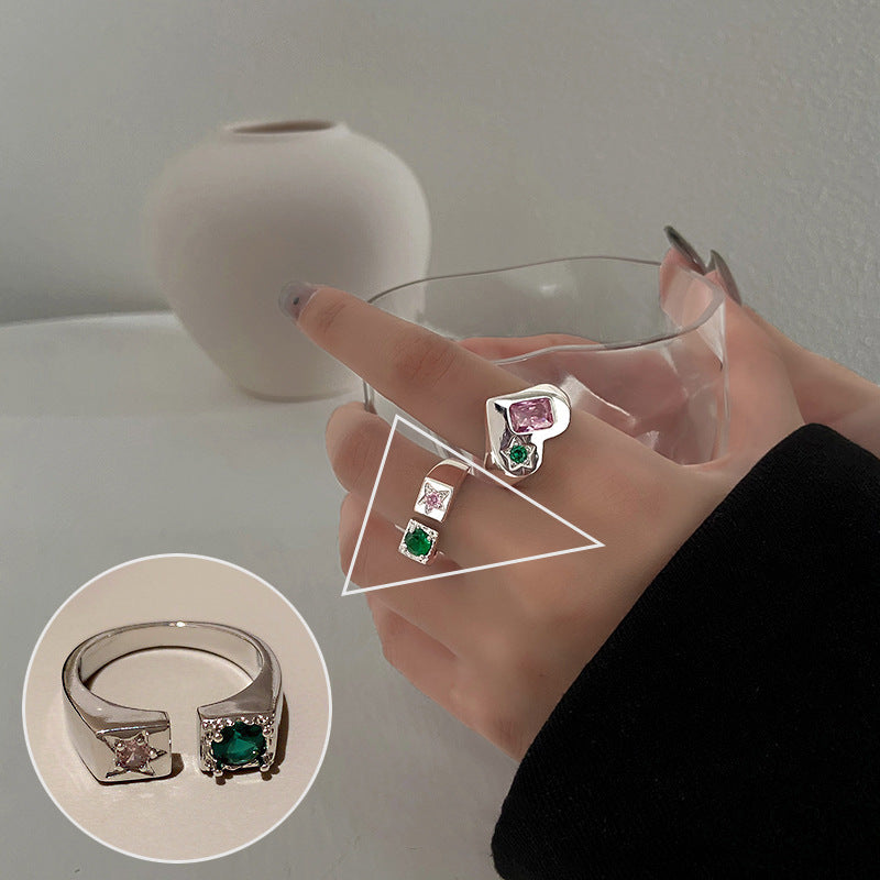 Palace Style S925 Silver geometric ring Female retro fashion colorful drop glaze opening ring Literary index finger ring