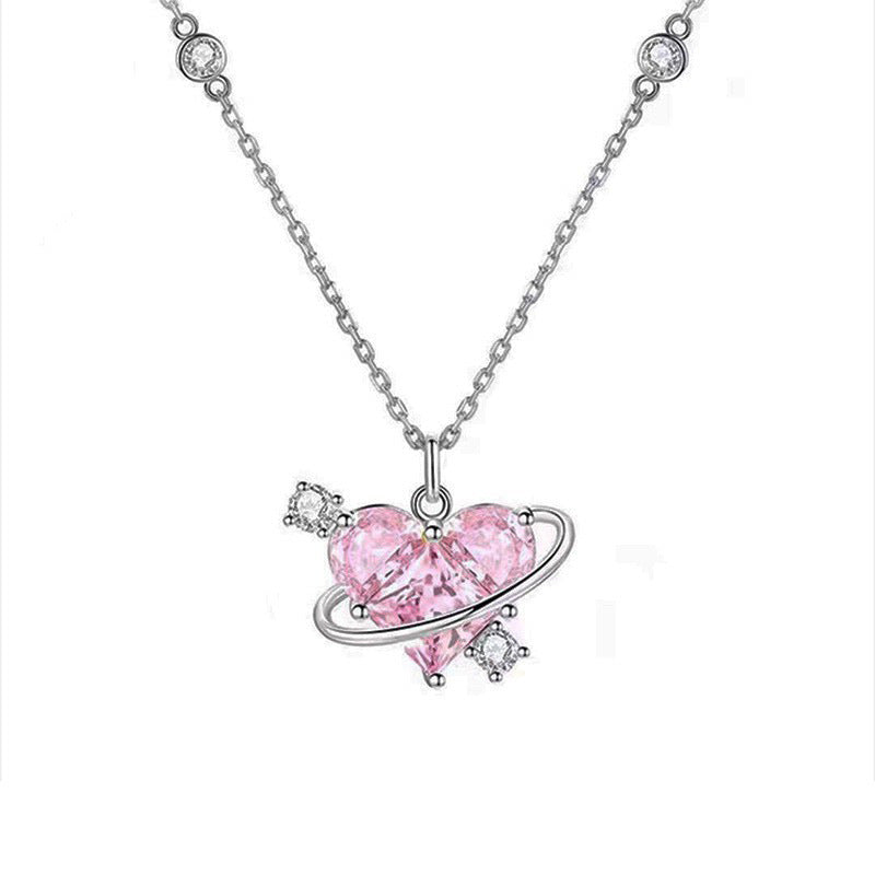 Pink love zircon necklace Female 2023 new light luxury niche net red collarbone chain temperament sweet choker