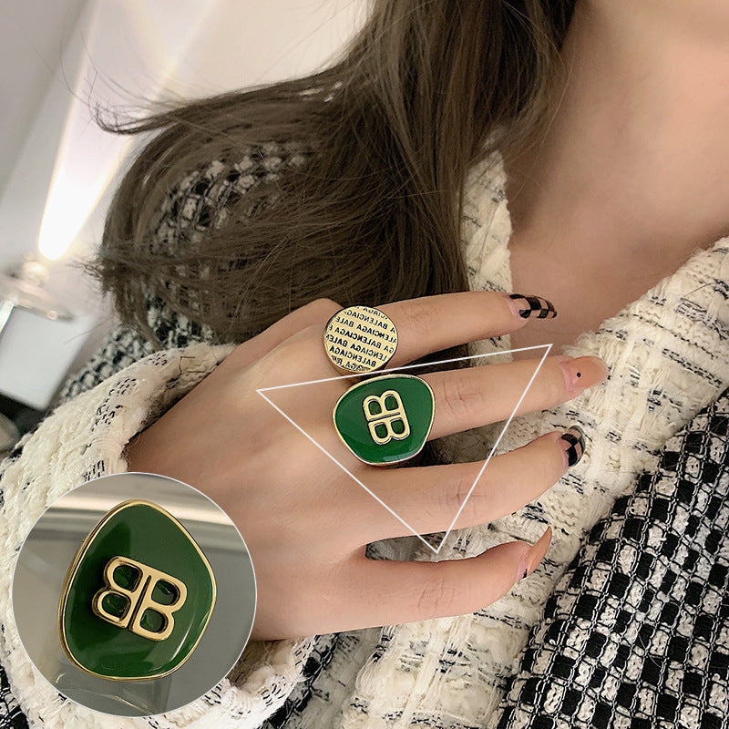 Palace Style S925 Silver geometric ring Female retro fashion colorful drop glaze opening ring Literary index finger ring