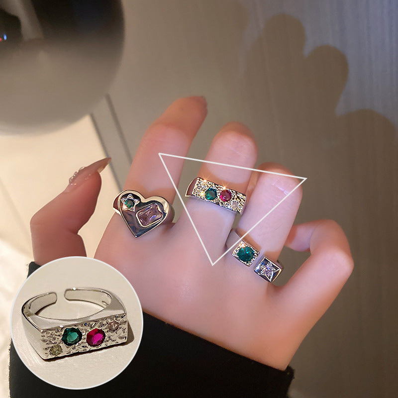 Palace Style S925 Silver geometric ring Female retro fashion colorful drop glaze opening ring Literary index finger ring