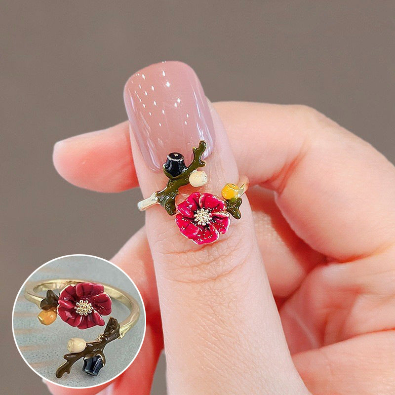 Palace Style S925 Silver geometric ring Female retro fashion colorful drop glaze opening ring Literary index finger ring