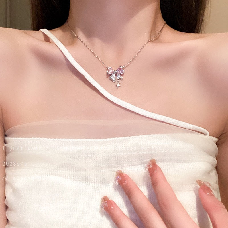 Pink love zircon necklace Female 2023 new light luxury niche net red collarbone chain temperament sweet choker