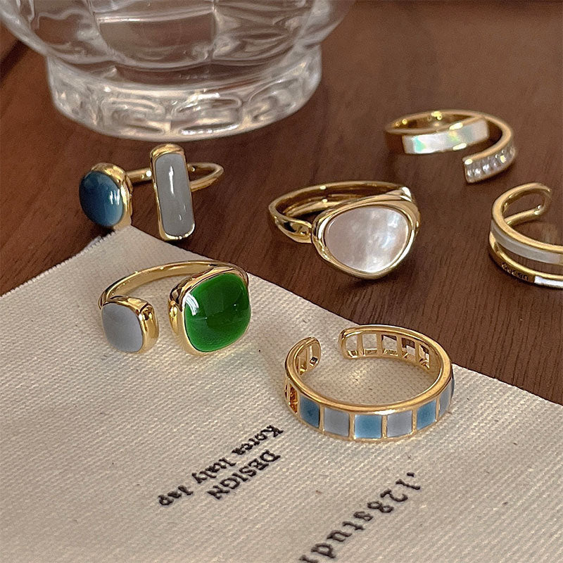 Palace Style S925 Silver geometric ring Female retro fashion colorful drop glaze opening ring Literary index finger ring