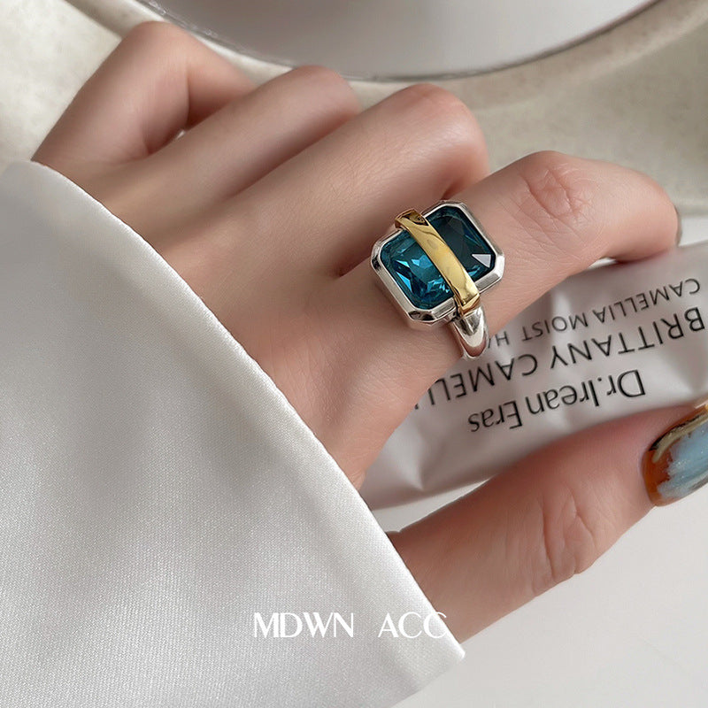 Palace Style S925 Silver geometric ring Female retro fashion colorful drop glaze opening ring Literary index finger ring