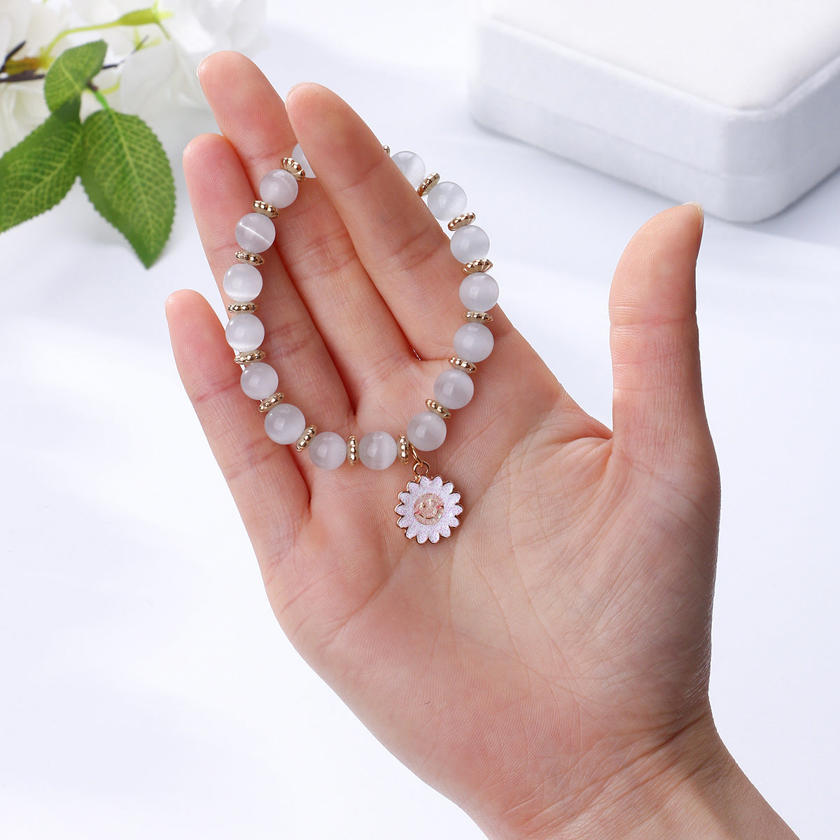 Faux Opal Bell Bracelet Bungee Cord Crystal Beaded Bracelet