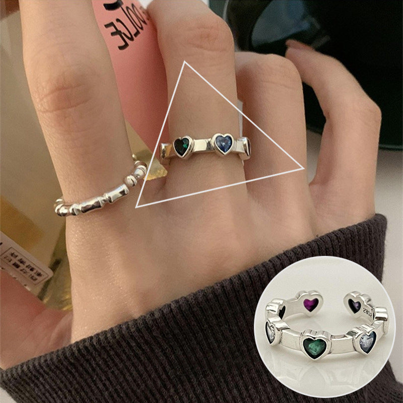 Palace Style S925 Silver geometric ring Female retro fashion colorful drop glaze opening ring Literary index finger ring