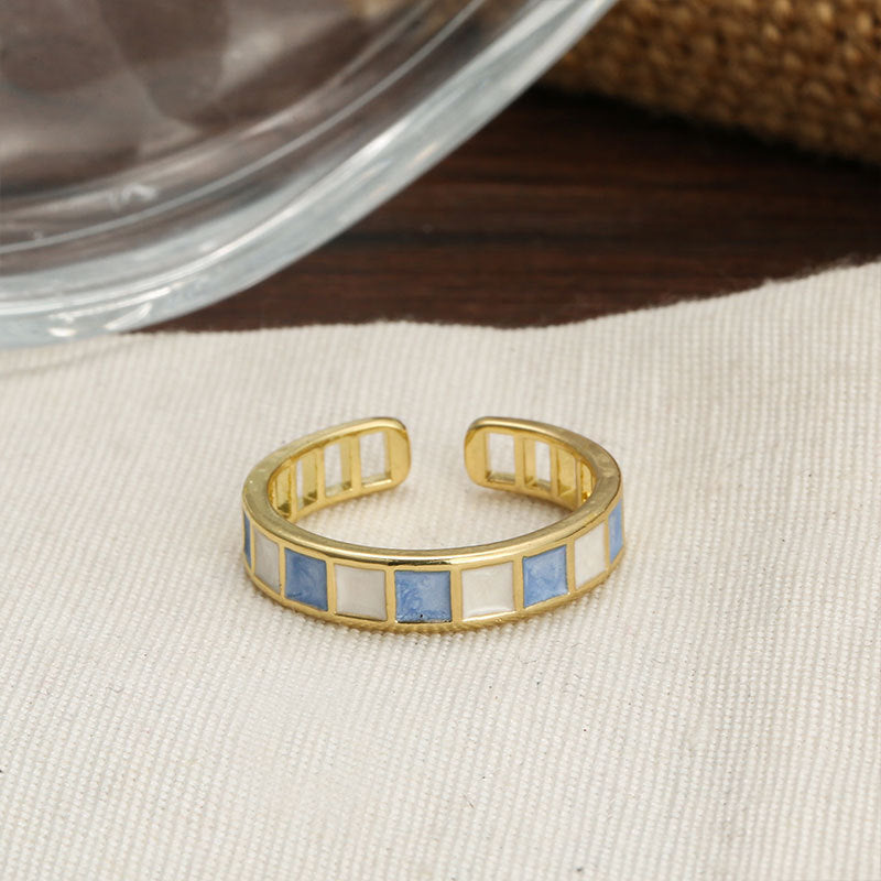 Palace Style S925 Silver geometric ring Female retro fashion colorful drop glaze opening ring Literary index finger ring