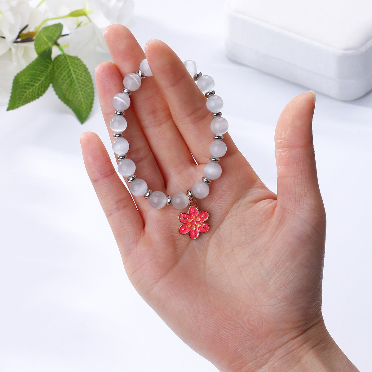 Faux Opal Bell Bracelet Bungee Cord Crystal Beaded Bracelet