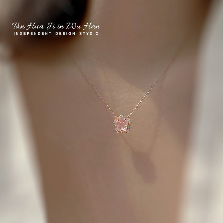 Cherry blossom necklace female light luxury niche design sense 925 sterling silver clavicle chain ins cold wind simple pink crystal peach blossom