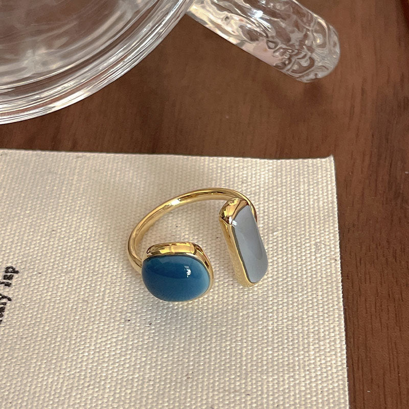 Palace Style S925 Silver geometric ring Female retro fashion colorful drop glaze opening ring Literary index finger ring