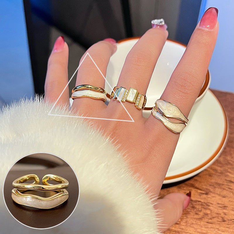 Palace Style S925 Silver geometric ring Female retro fashion colorful drop glaze opening ring Literary index finger ring