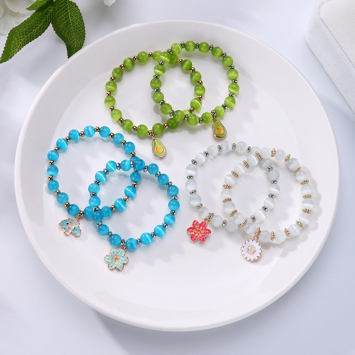 Faux Opal Bell Bracelet Bungee Cord Crystal Beaded Bracelet
