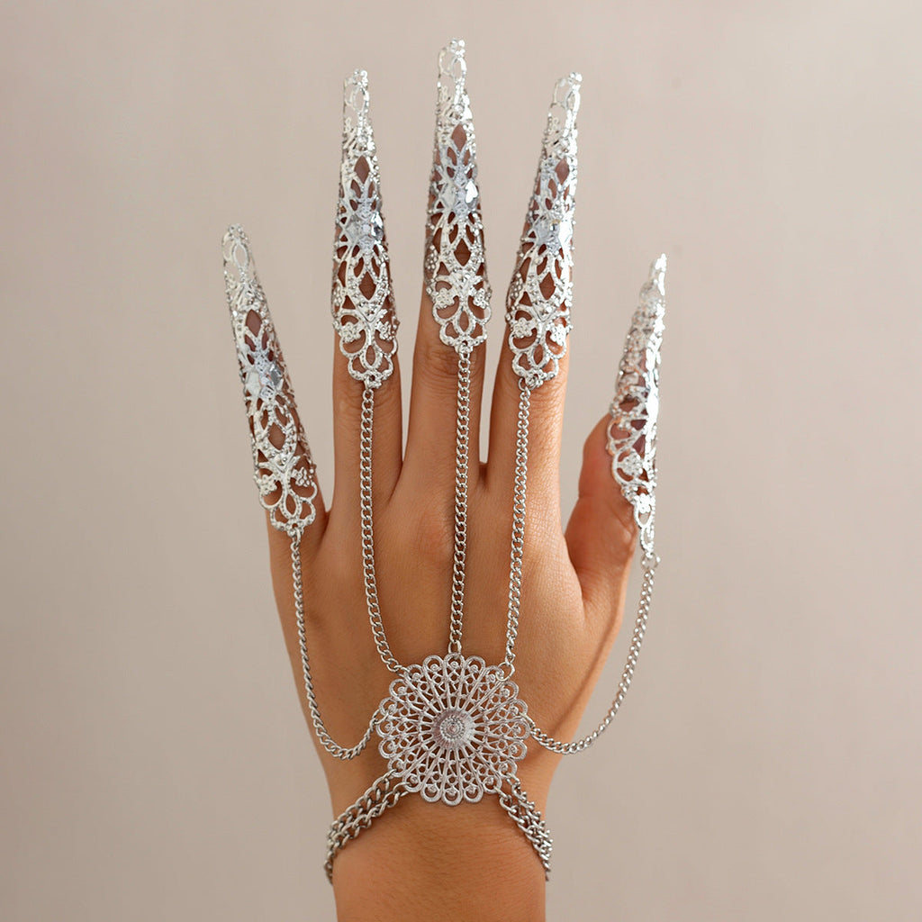 Halloween Gothic Ghost Finger Bracelet Punk Conical Nail Chain Ring Jewelry